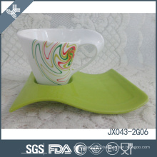 JX043-2G06 200CC Porcelain Cup and Saucer,White Cup and Green Ssucer